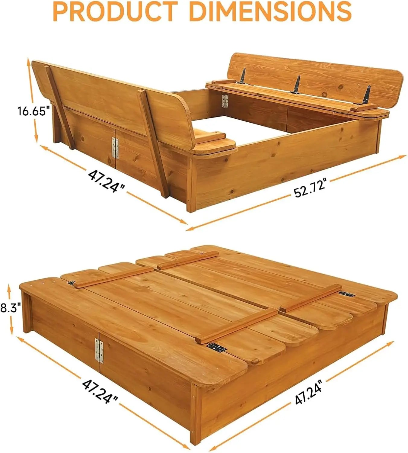 Large Wooden Kids Sandbox with Lid - Outdoor Sand Box for Kids with Cover Sand Protection, Foldable Bench Seats and Bottom Liner