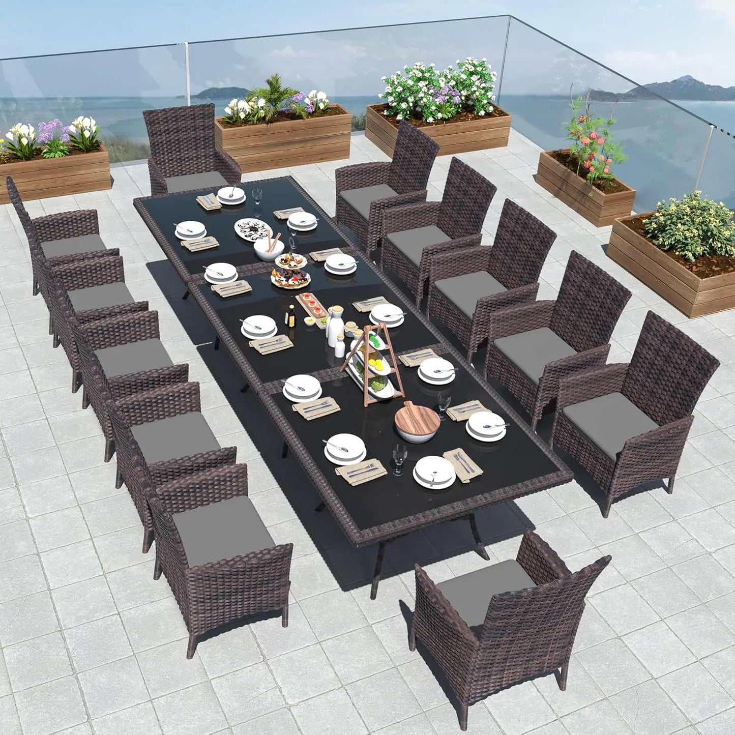 15-Piece Rattan Outdoor Dining Set Square Tempered Glass Table w Umbrella Hole & 12 Chairs Grey Customized
