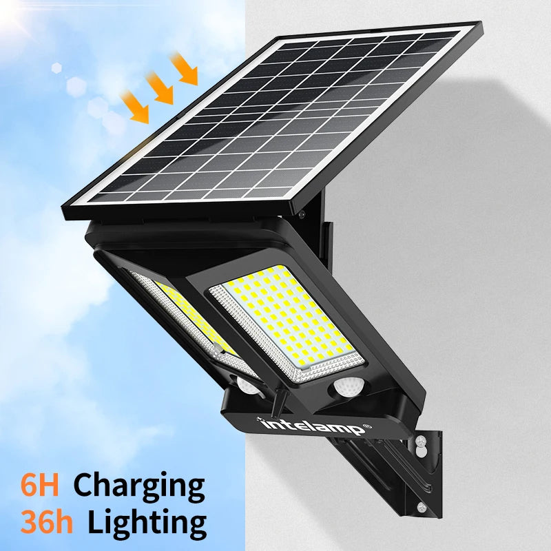 Intelamp 12500mAh Long Battery Life Outdoor Solar Street Flood Security Light With Super Large Solar Panel For Garden Yard Path