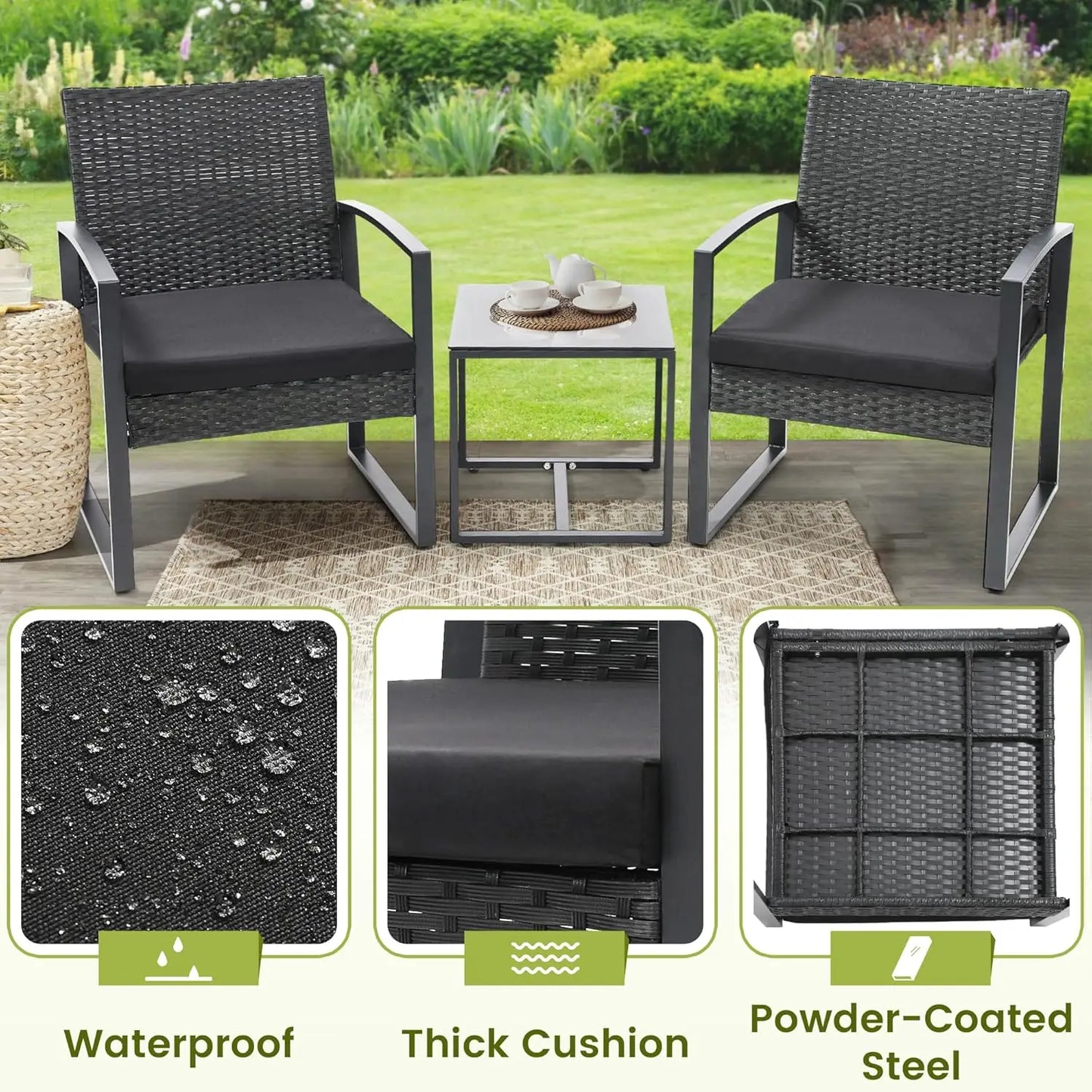 Black Frame Black Cushion 3 Piece Rattan Patio Bistro Set With Coffee Table For Balcony Porch Garden Yard Poolside
