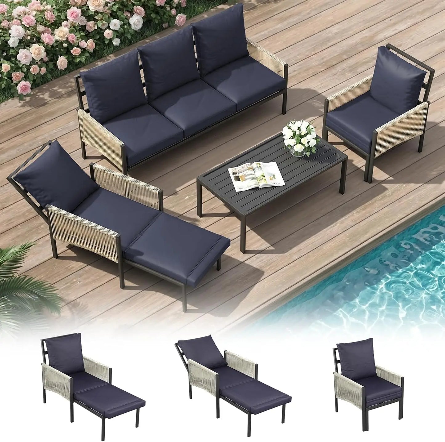 Aluminum Patio Sectional Sofa Set 5 Seats with Coffee Table Outdoor Conversation Furniture for Porch Deck, Customized