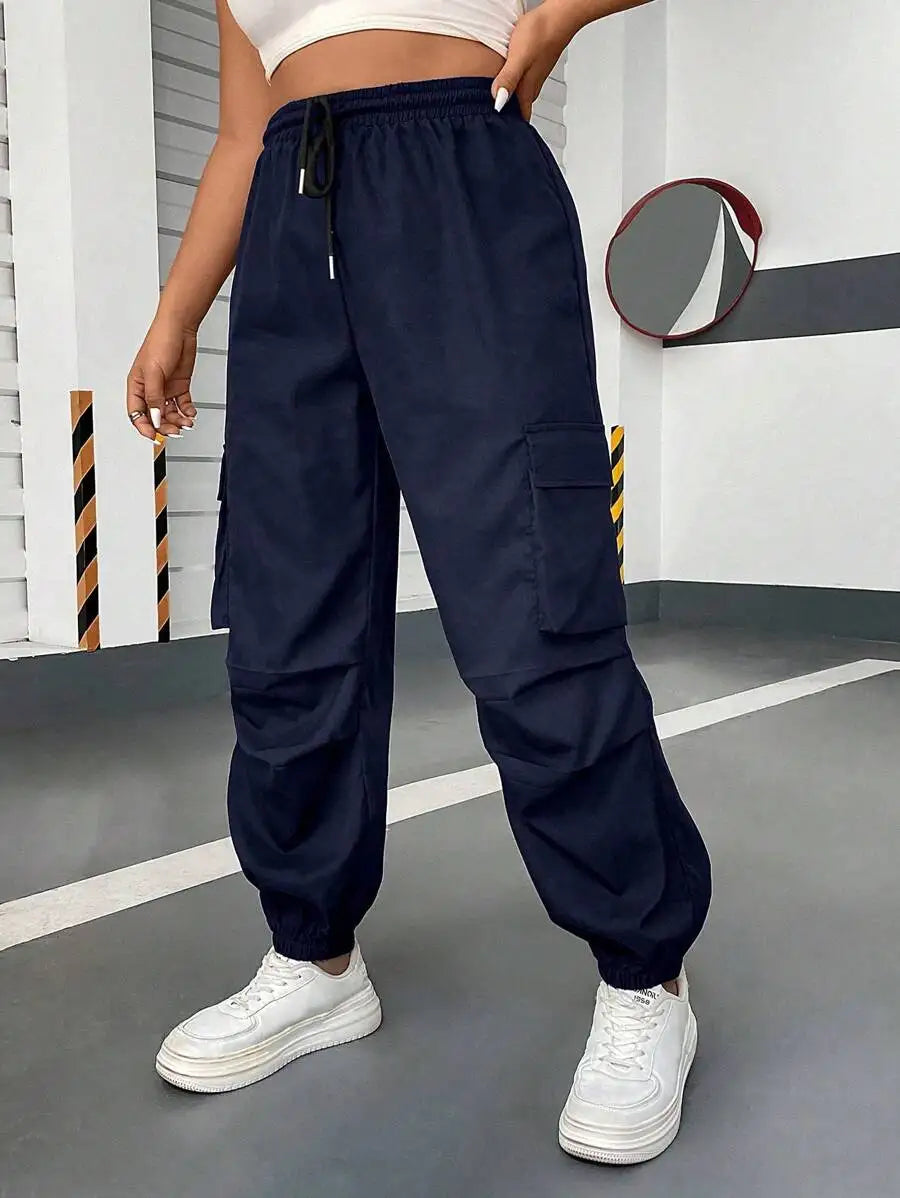 Flirla Plus Size Solid Color Drawstring Casual Cargo Pants With Pockets Fall Cloth For Women