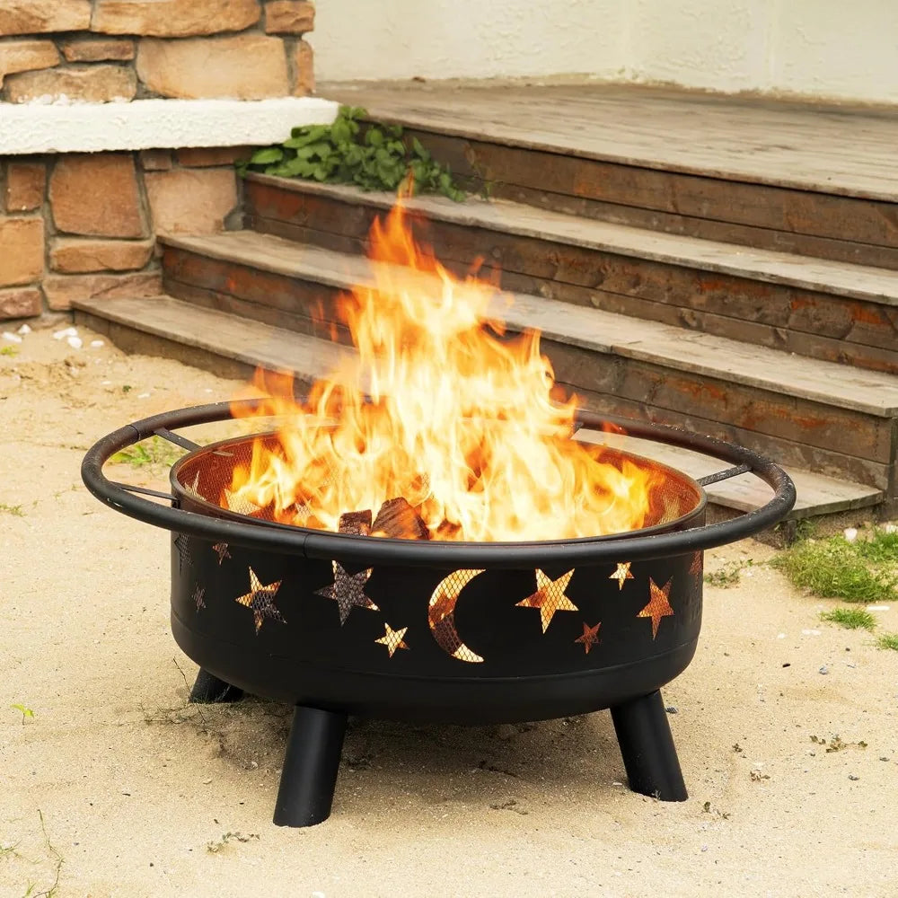 32 Inch Round Fire Pit with Mesh Cover, Fire Poker, Star and Moon Design, Metal Wood Burning Outdoor Firepit for Patio