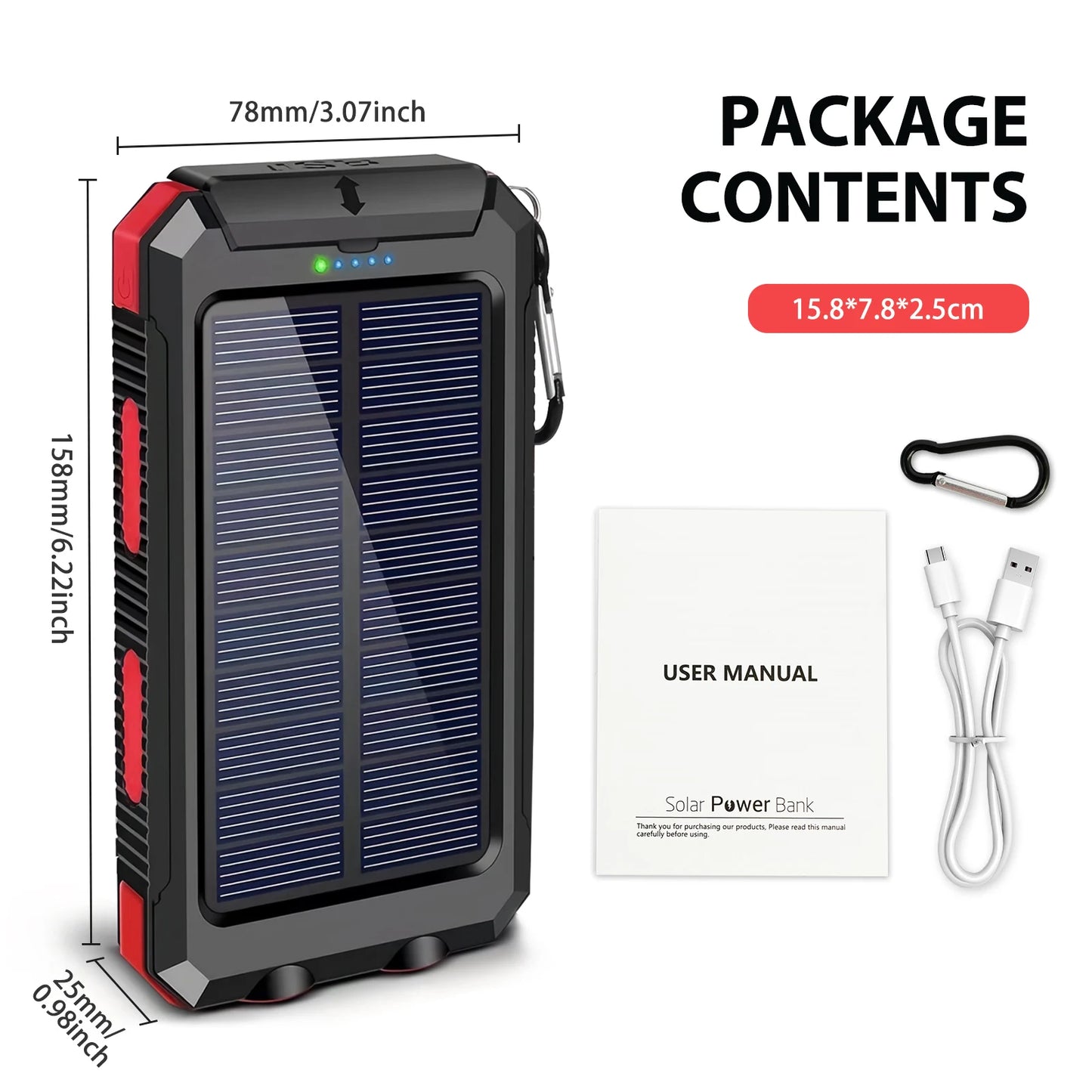 30000mAh Portable Solar Power Bank External Battery Waterproof Dual 5V 1A USB Ports LED Flashlight for iPhone Samsung Tablets