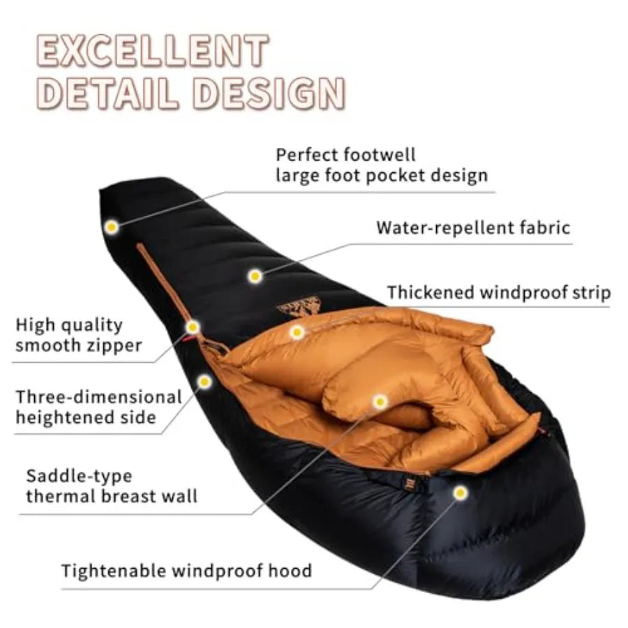 Down Backpacking Sleeping Bag 680FP. Cold Weather Sleeping Bag 0°F-32°F Multiple Temperature Options XL Large 4 Season Sleeping