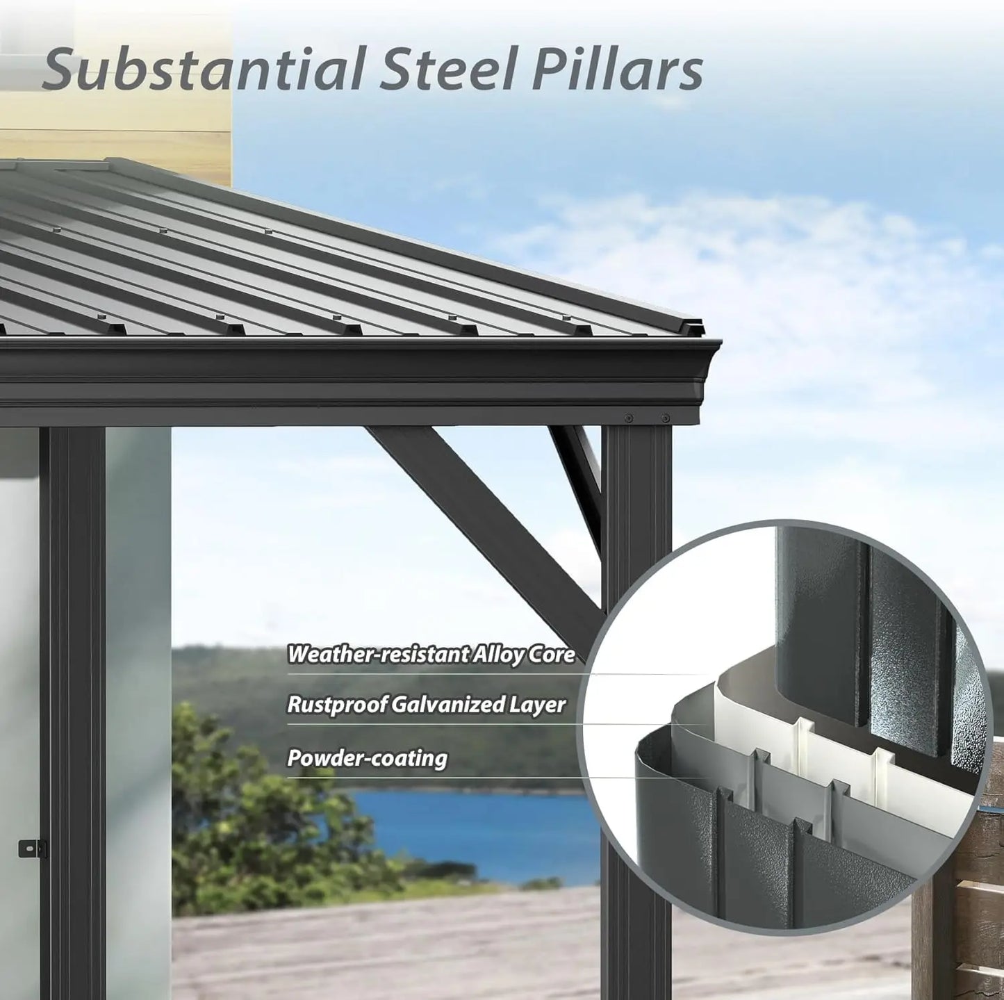 8x10 Wall Mounted Hardtop Gazebo Pergola Gutters Galvanized Steel Roof 60MPH Wind Resistance Outdoor Metal Awning Patio Custom