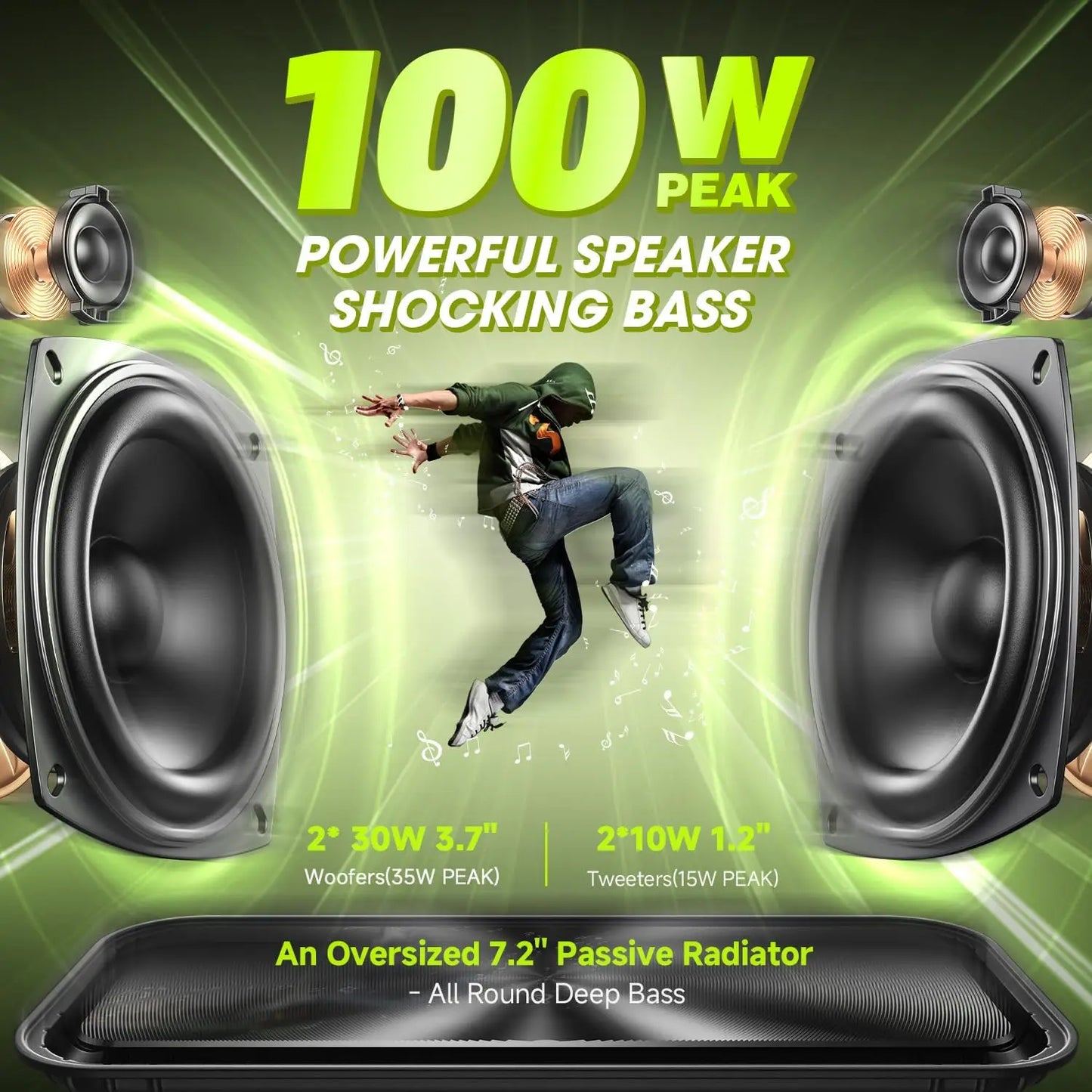 W-KING D9-1 Green Bluetooth Speaker, 100W Peak 60W HD IPX6 Portable Speaker Wireless Loud Waterproof Outdoor Party Large Boombox 2 Subwoofer/Ex-Large Passive Radiator-All Round Deep Bass/40H/PowerBank/TF/AUX/EQ