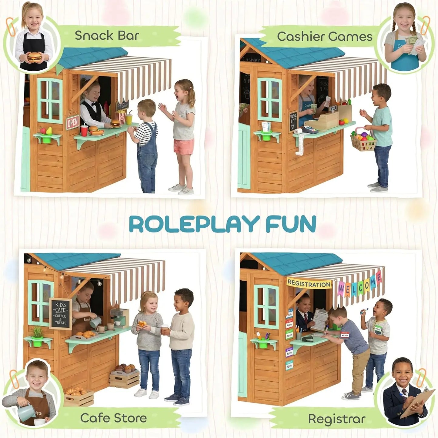 Wood Kids Playhouse Snack Bar Half Door Windows Flowerpot Chalkboard Tossing Game Backyard Age 3-6, Custom