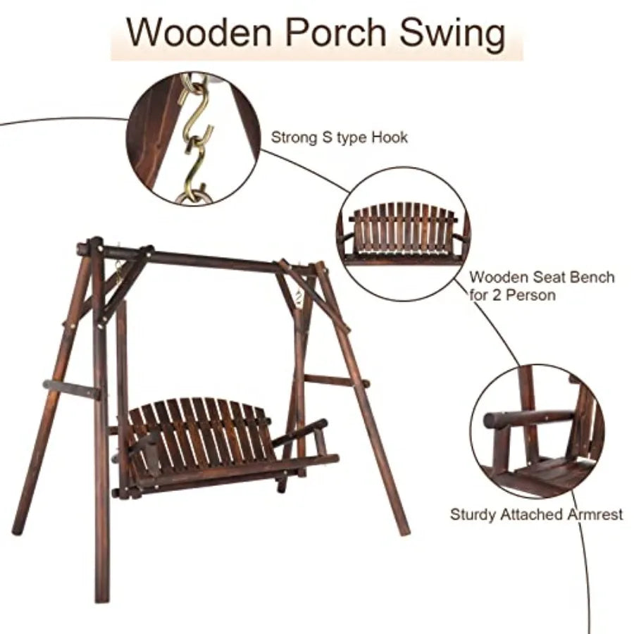 Patio Porch Swing Set 67in Wood Log Swing Stand with Bench Loveseat Stable A-Frame for Patio Backyard Deck Carbonized