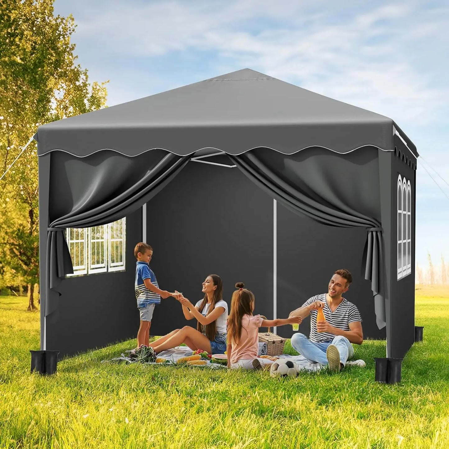 3x3m Pop Up Gazebo Marquee Outdoor Garden Party Tent ,Folding Camping Tent Canopy w/4 Sides & Sandbags Waterproof UV+50 Grey