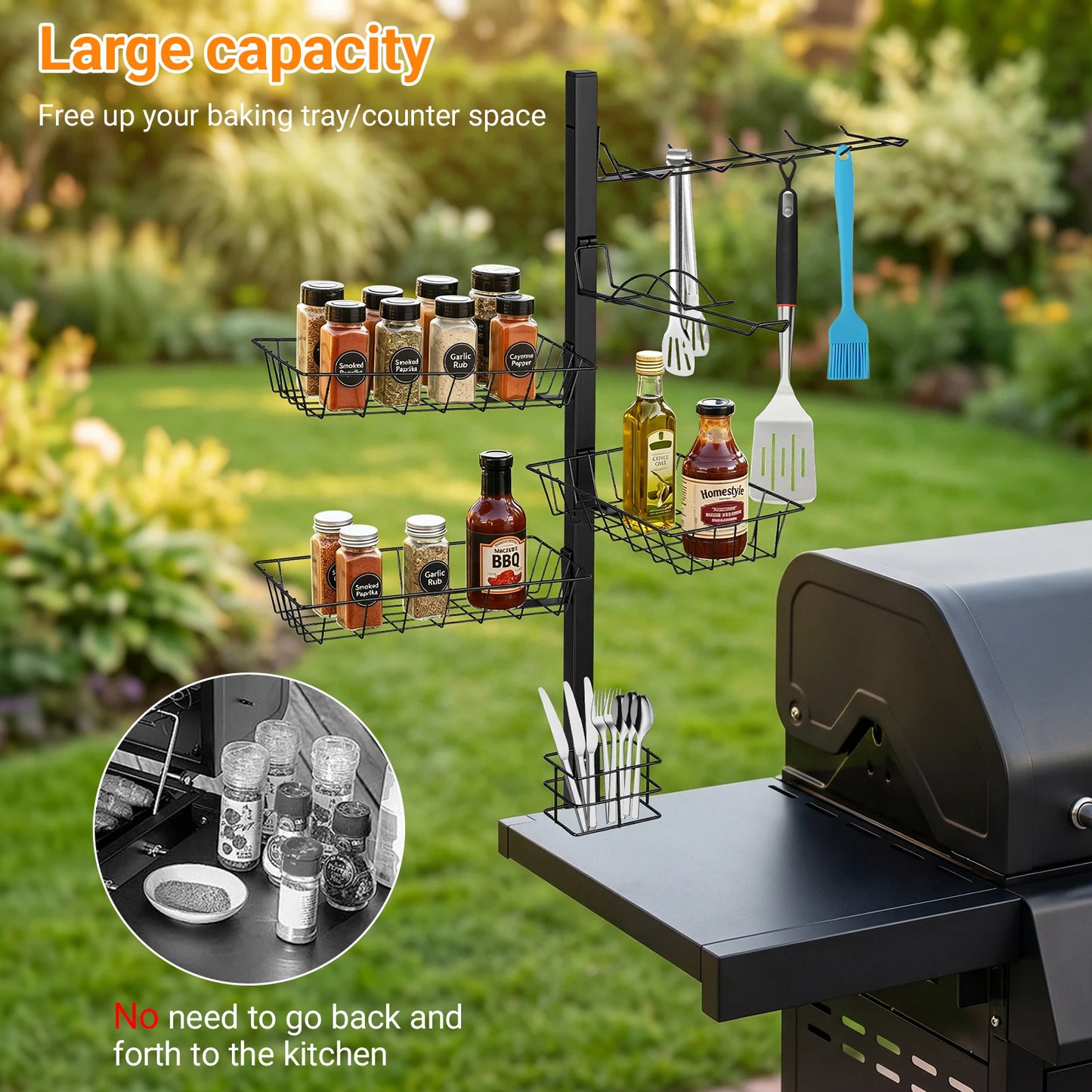 Griddle Stand Grill Rack with Towel Holder 3 Condiment Bins Utensil Hooks Stainless Steel BBQ Organizer for Outdoor Camping Kitchen