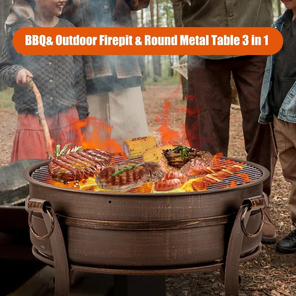 36 Inch Fire Pit with Grill & Lid, Fireplace & Round Table & BBQ 3 in 1 Fire Pit, Heavy Duty Wood Burning Fire Pits