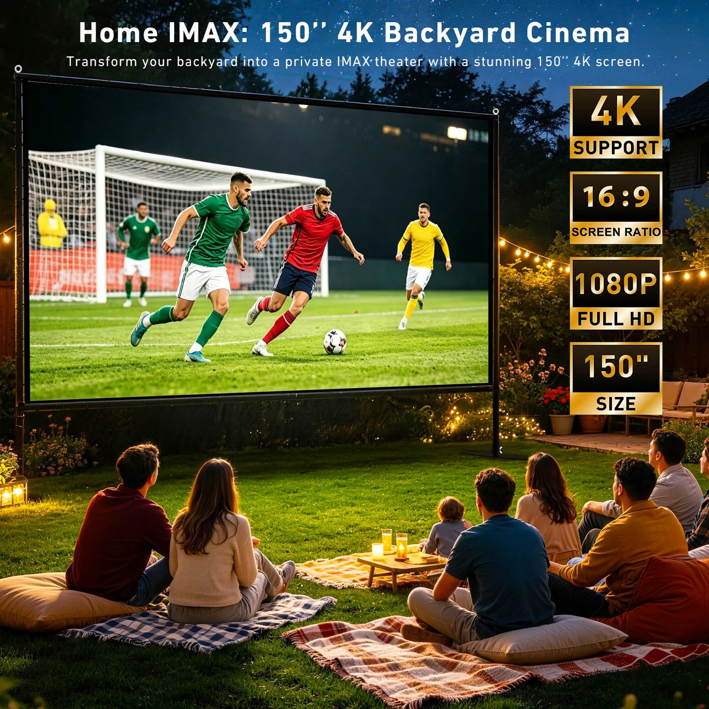 150 inch Projector Screen with Stand for Sports events & Football Match, 16:9 4K HD Portable Outdoor Movie Screen, Wrinkle-Free Foldable Indoor Projection Screen with Carry Bag & Ground Nails for Backyard Cinema Home Theater