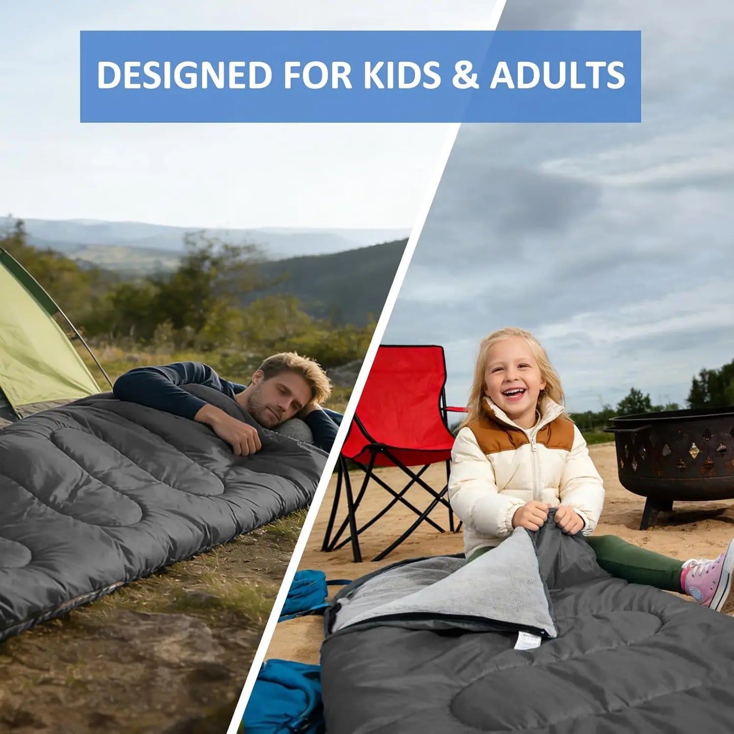 Lightweight Waterproof 3-Season Camping Sleeping Bag for Adults and Kids - Warm & Cool Weather Use for Spring, Summer, Fall - Outdoor Camping Gear, Traveling, and Adventures