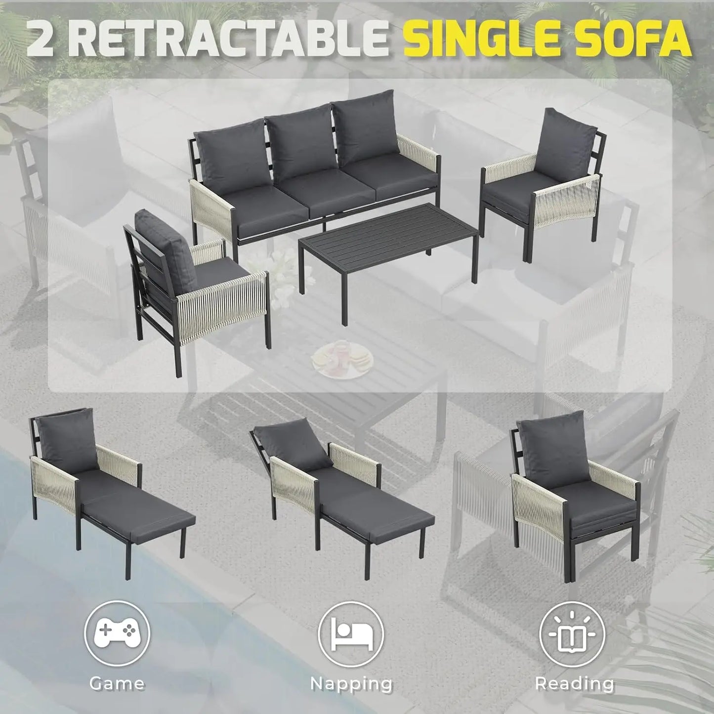 Aluminum Patio Sectional Sofa Set 5 Seats with Coffee Table Outdoor Conversation Furniture for Porch Deck, Customized