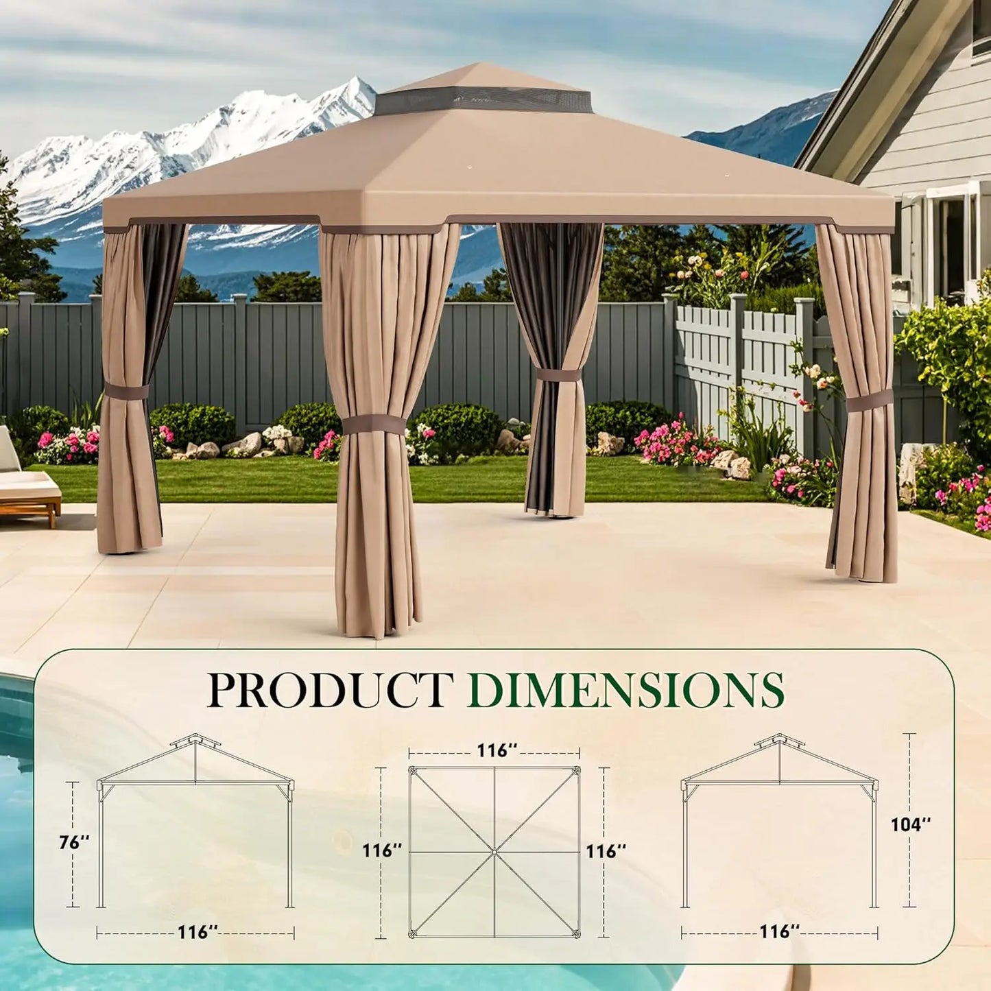 10x10 FT Outdoor Garden Gazebo Steel Vented Double Roof Canopy with Mosquito Netting for Backyard Lawn Party, Custom