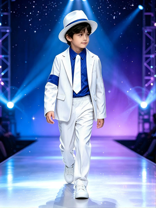 Boys vintage striped formal full set with matching hat and armband accessory, classic performance costume for Halloween fancy dress and talent show dressing up