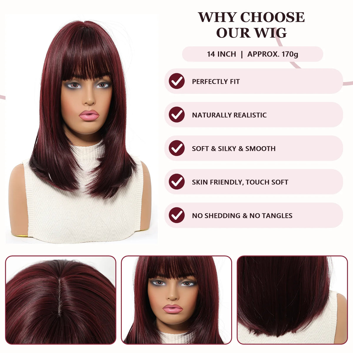 Halloween Wig TopShe Long Straight Wine Red Synthetic Wig with Bangs Heat Resistant Fiber Straight Bob wig for Woman Natural Looking Costume Party Cosplay Daily Wear Skin Friendly No Shedding No Tangles 170g Hot Sale
