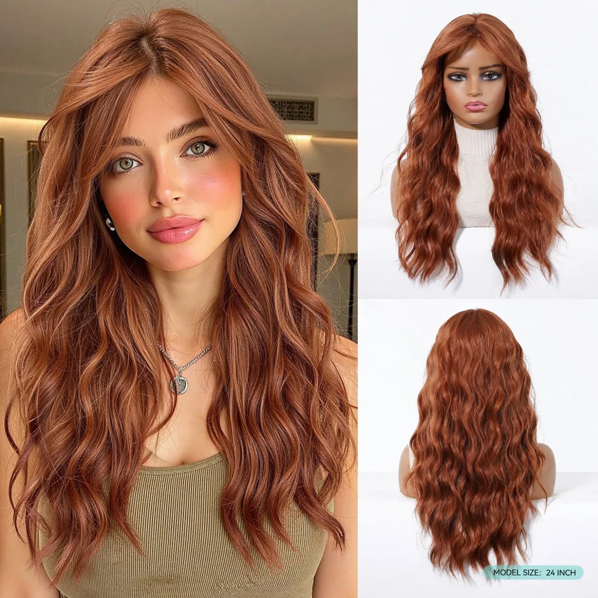 Halloween Wig TopShe Long Wave Rust Brown Wig for Woman Synthetic Wig Copper Brown Heat Resistant Fiber with Layered Comfortable Breathable Suitable for Daily Gatherings Female Role-Playing Wig Hairstyles