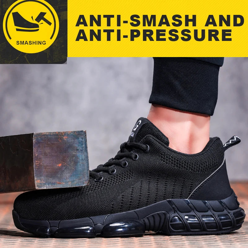 Men Safety Shoes Work Boots, Summer Solid Color Lightweight Breathable Steel Toe Anti-Smash Indestructible Tactical Work Sneakers