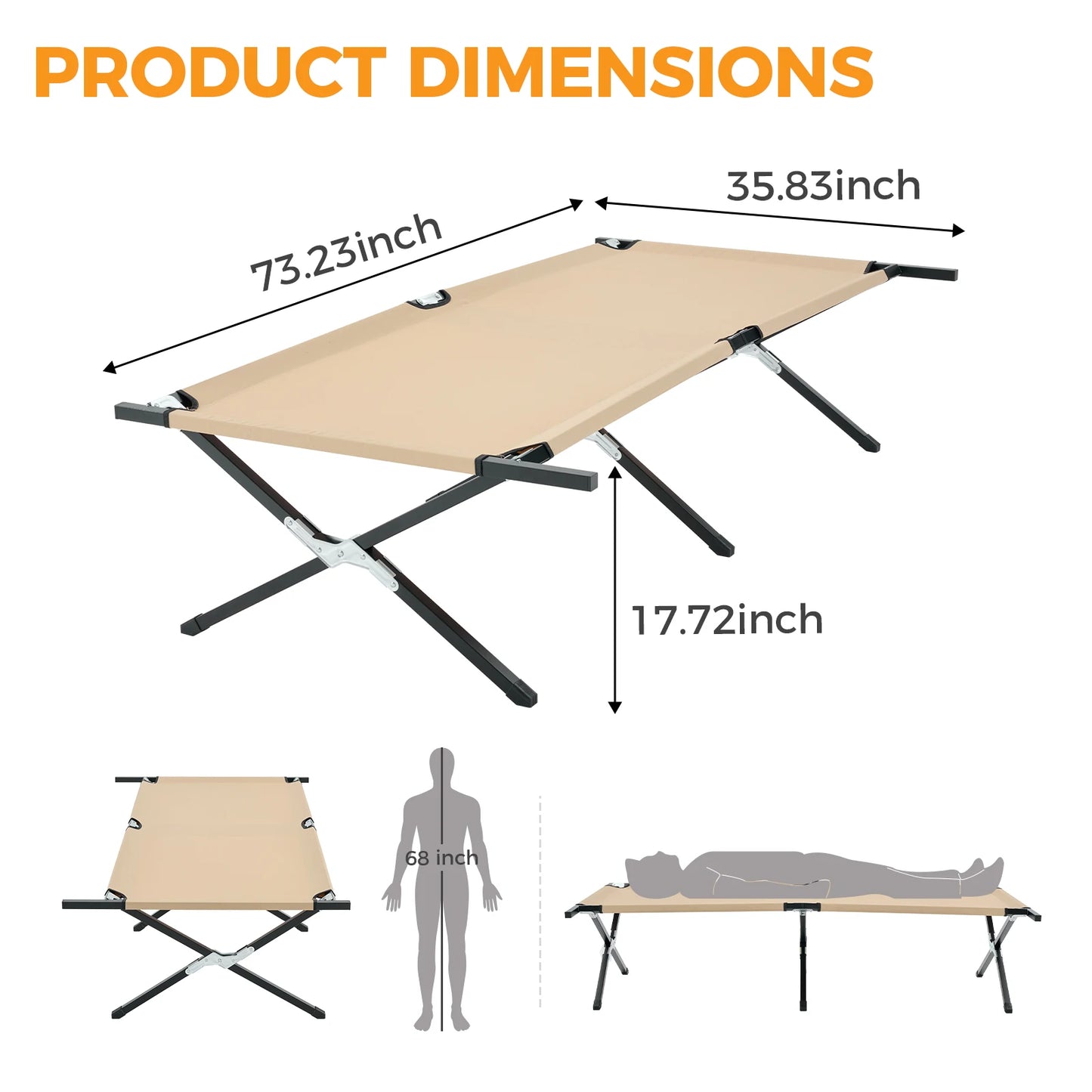 JHK Collapsible Camping Cot Lounge Chair 73' X 36' Portable Folding Sleeping Cot 300 LBS Capacity Sturdy Frame for Outdoor