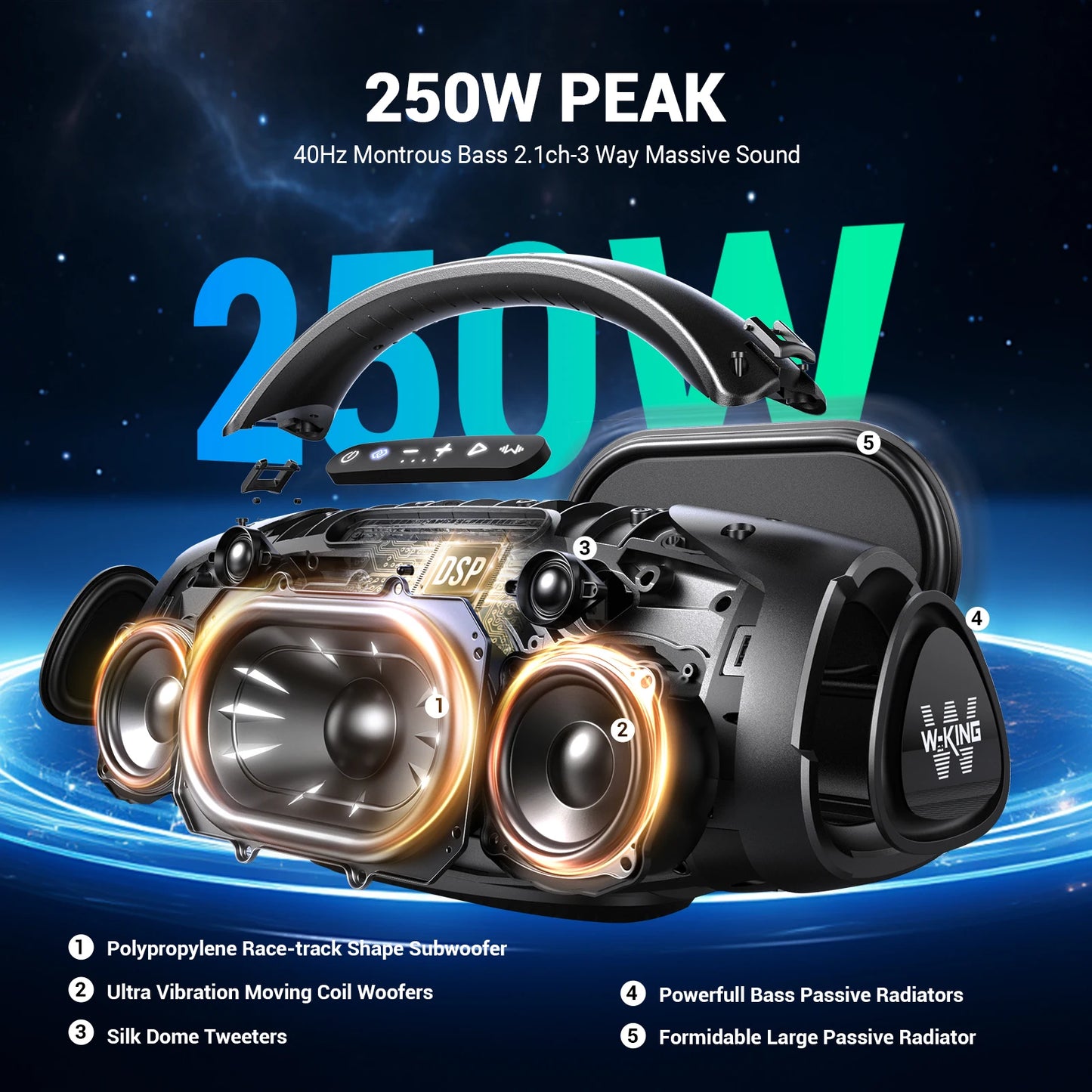 W-KING X20S 140W RMS Portable Bluetooth Speakers, Massive Bass Party Boombox IPX7 Waterproof Speaker Large, Loud Outdoor Party Box