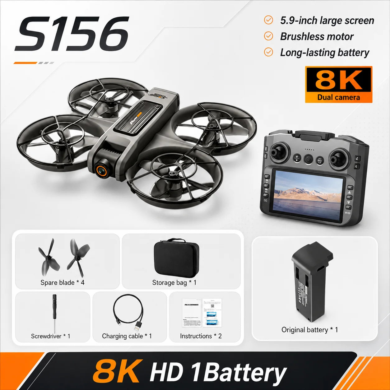 ZNLYRION S156 RC Drone 8K Dual Camera Quadcopter with 5.9-inch Screen Remote Brushless Motor Optical Flow Hovering 360° Protection WiFi FPV Remote Control Aircraft with Storage Bag 1 Battery