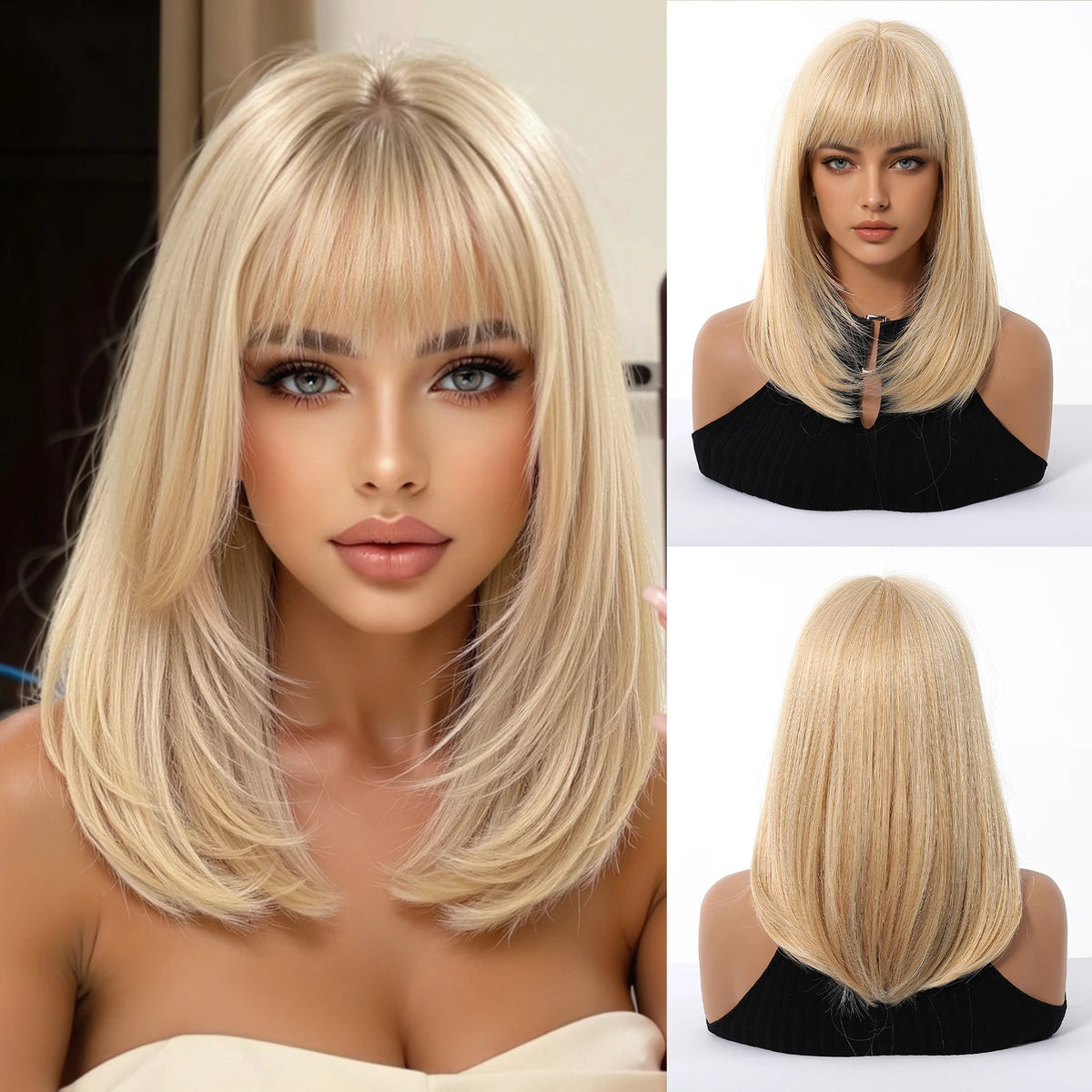 Halloween Wig TopShe Long Straight Golden Blonde Wig Synthetic Wig Heat Resistant Fiber Bob Wig with Bangs 14 Inch or Women Simulation Scalp Soft Full Fringe Natural Looking Hair Cosplay Party Daily Wear 170g