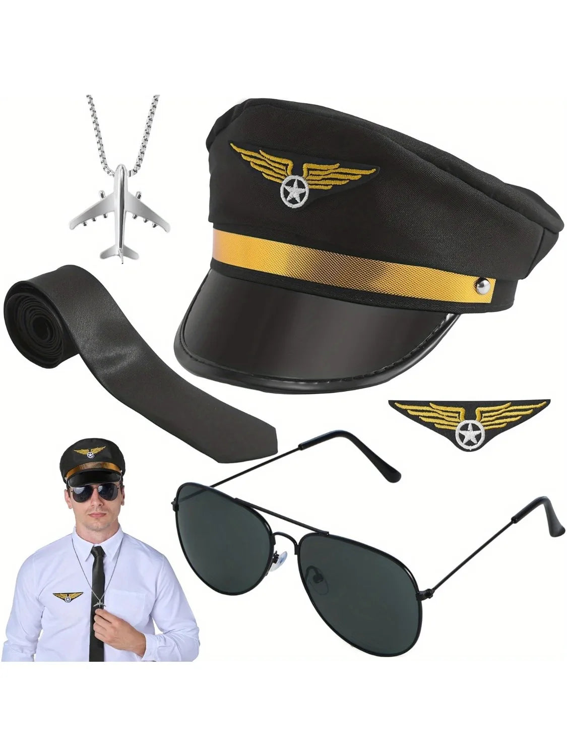 Creations Airline Pilot Captain Costume Kit 5 PCS Pilot Dress up Accessory Set with Sunglasses Tie Piot Hat Wings Patch and Necklace for Halloween Themed Dress Up Party