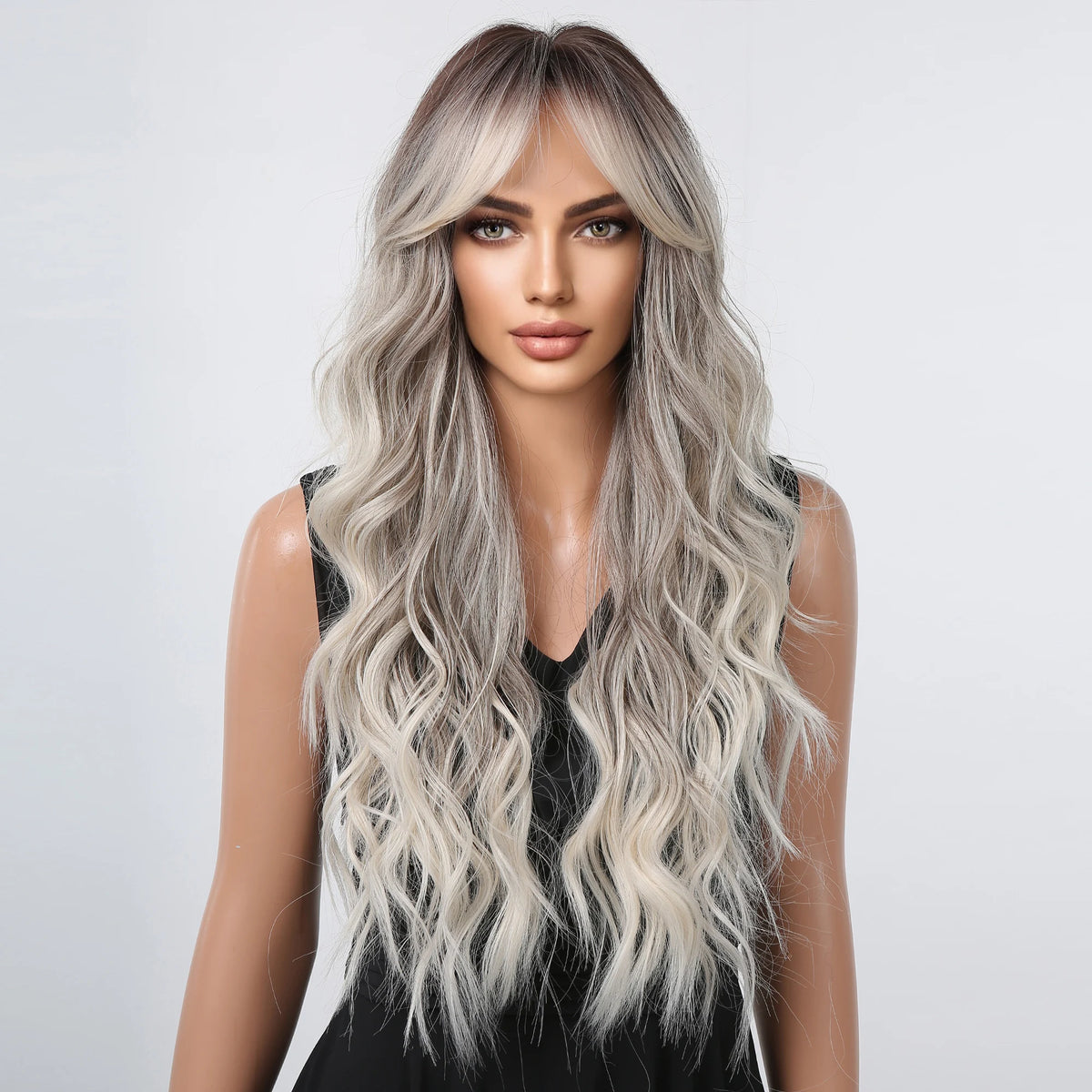 Halloween Wig TopShe Long Ombre Grey Ash Blonde Wavy Curly Synthetic Wig with Bangs Dark Roots Silver Blonde Heat Resistant Hair Wigs for Women Cosplay Costume Party Daily Wear Natural Looking Soft Full Hairpieces Fancy Dress