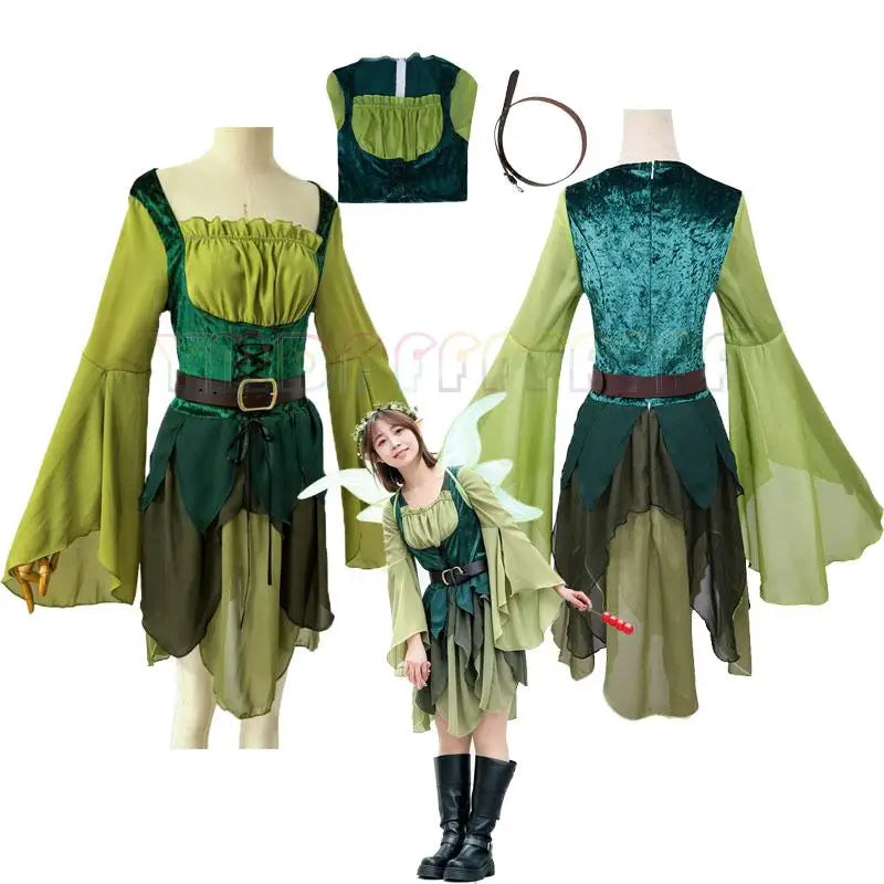 Medieval elf Disguise Role Play Easter Green Dress for Female Fairy Halloween Party Renaissance Carnival Fantasy Stage Performance Costume