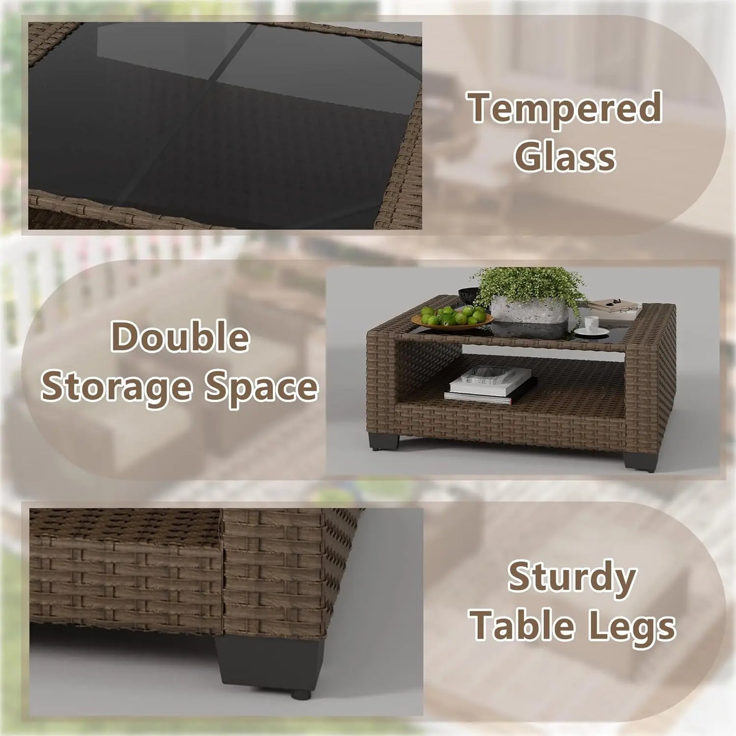 7pc Outdoor Patio Furniture Set Rattan Wicker Sectional Sofa Chairs Glass Table Cushions Brown Customized