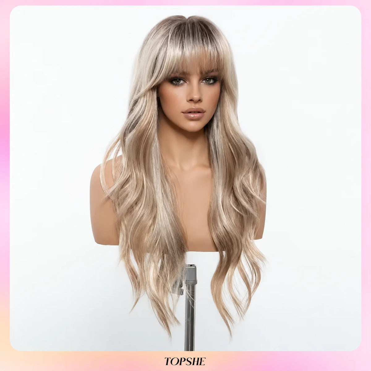 TOPSHE 24 Inch Long Wavy Synthetic Wig with Bangs Ombre Ash Blonde Highlight Dark Root Heat Resistant Fiber Hair Wigs for Women Girls Halloween Costume Party Daily Cosplay Natural Realistic Soft Silky Full Wig