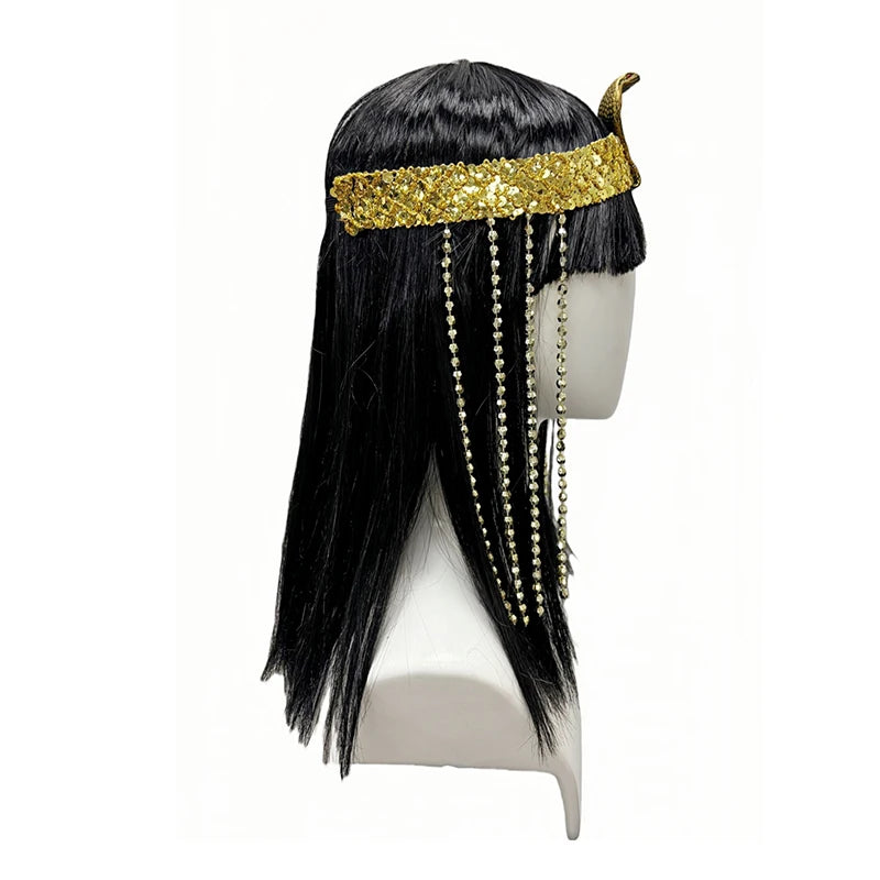 Black Cleopatra Wig Synthetic Straight Bangs Egyptian Queen Costume Wig Gold Snake Headband Bead Chains Halloween Cosplay Party