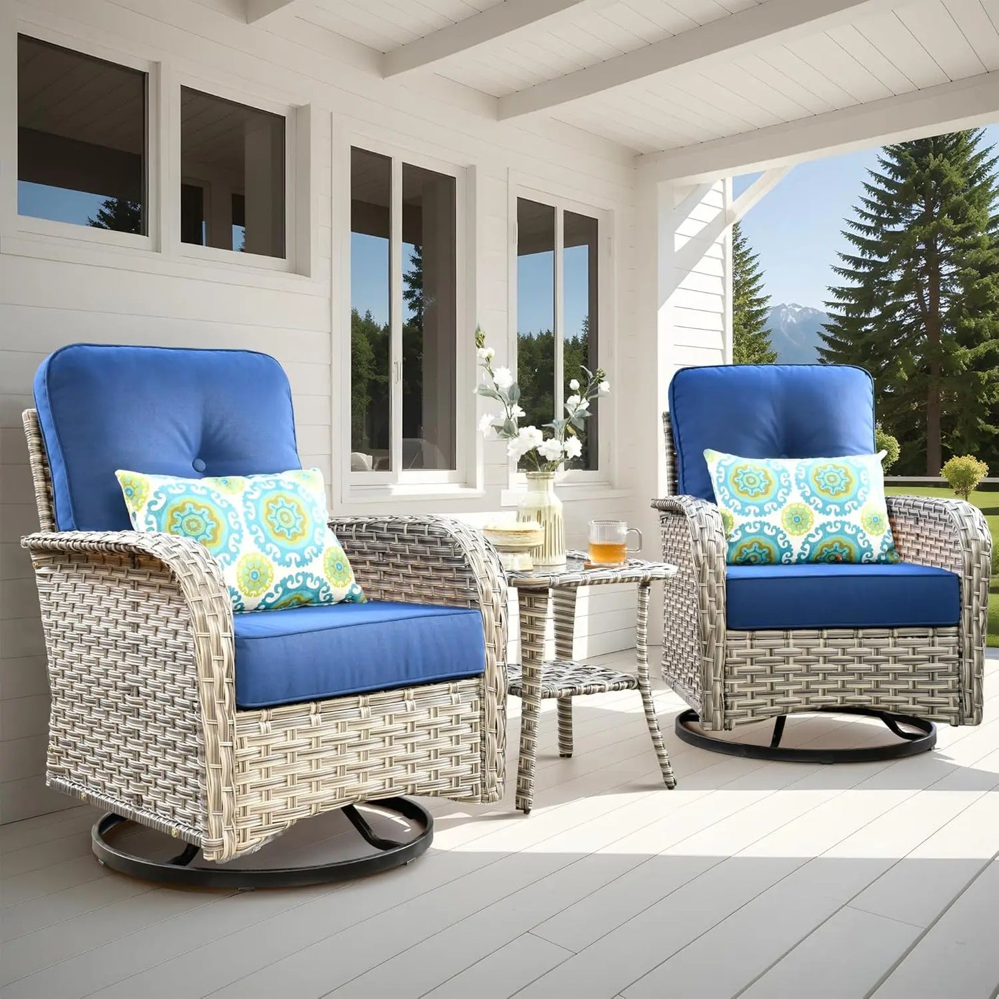 All-Weather Wicker Swivel Rocker Patio Chair Set of 2 with Coffee Table for Deck Porch Balcony Poolside, Customized