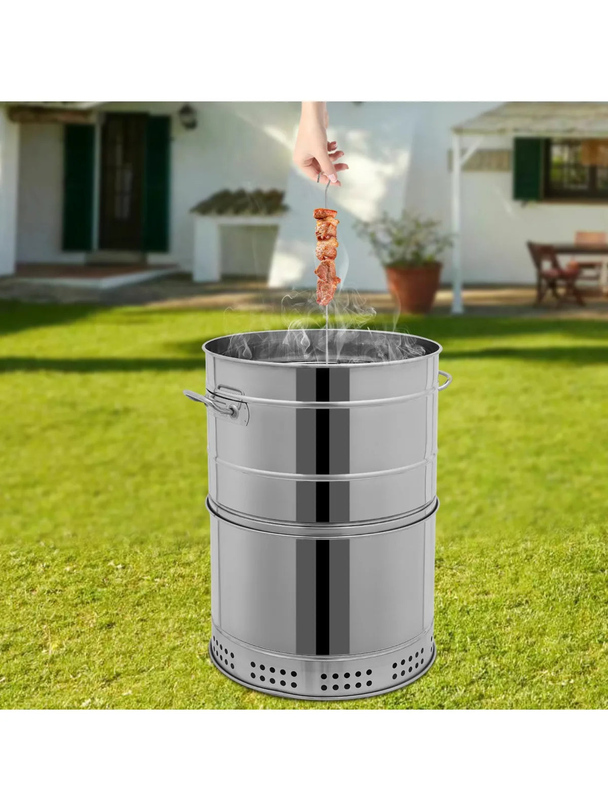 Large Stainless Steel Portable Smokeless Barbecue Charcoal Barrel Grill with Multiple Clips for Camping Picnics Backyard BBQs