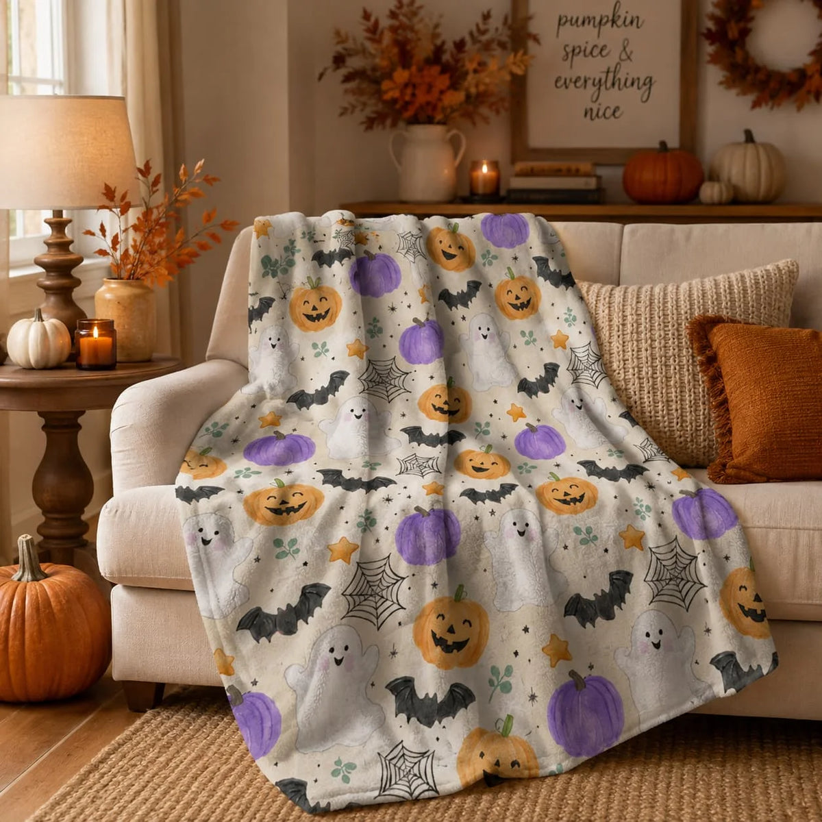 Halloween Ghost Pumpkin Bat Doodle Fleece Blanket, Cute Spooky Autumn Throw, Cozy Fall Purple Orange Black Blanket, Seasonal Home Décor
