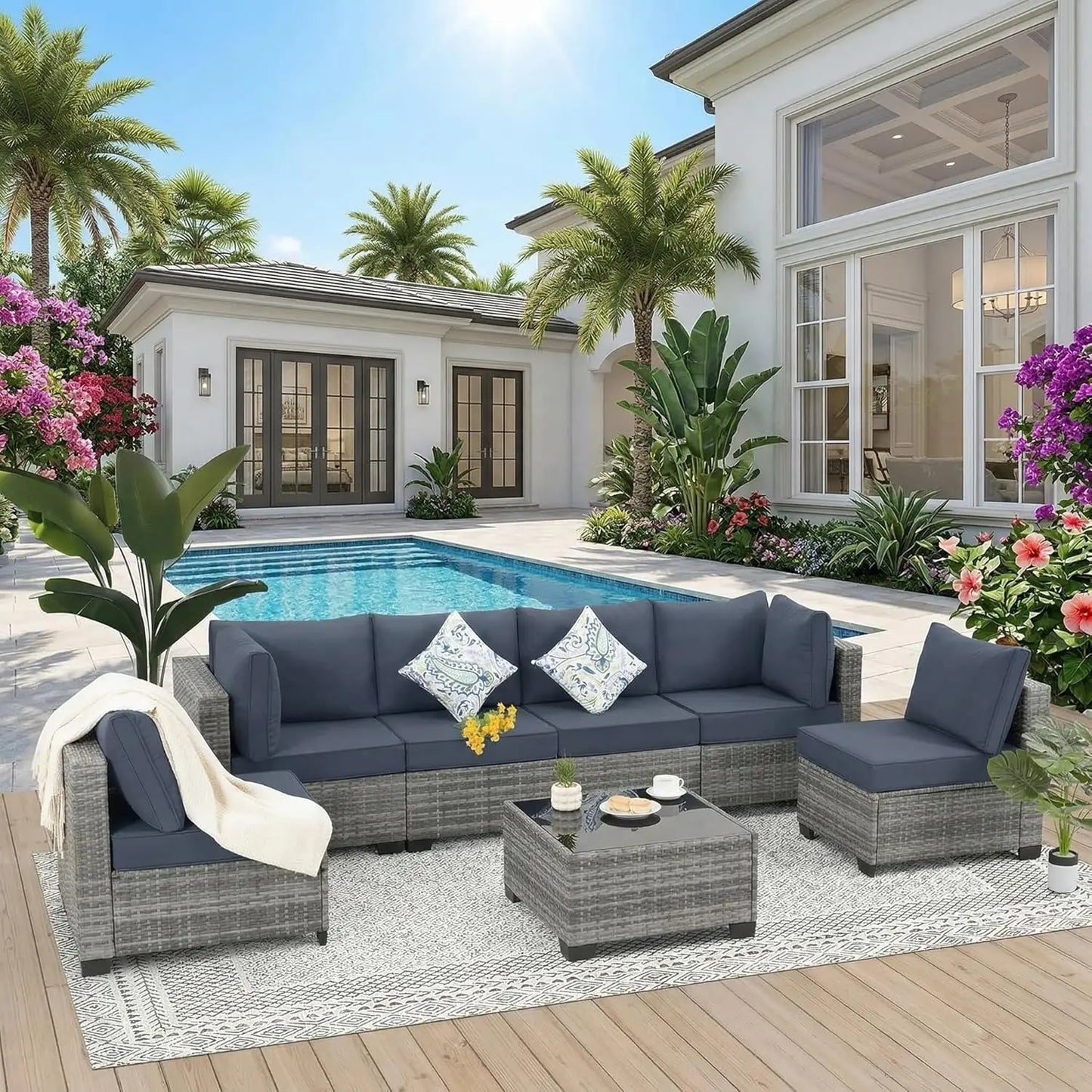 7 Piece Outdoor Wicker Patio Furniture Set, Rattan Sectional Sofa Conversation Set with Coffee Table & Cushions,