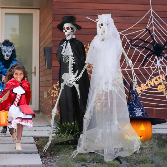 1 Pair 5.42ft Halloween Bride And Groom Skeletons,Life Size Full Body Bones Posable Simulated Skeleton With Sound, Eyes Can Glow