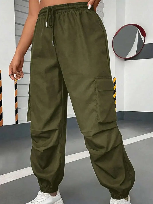Flirla Plus Size Solid Color Drawstring Casual Cargo Pants With Pockets Fall Cloth For Women