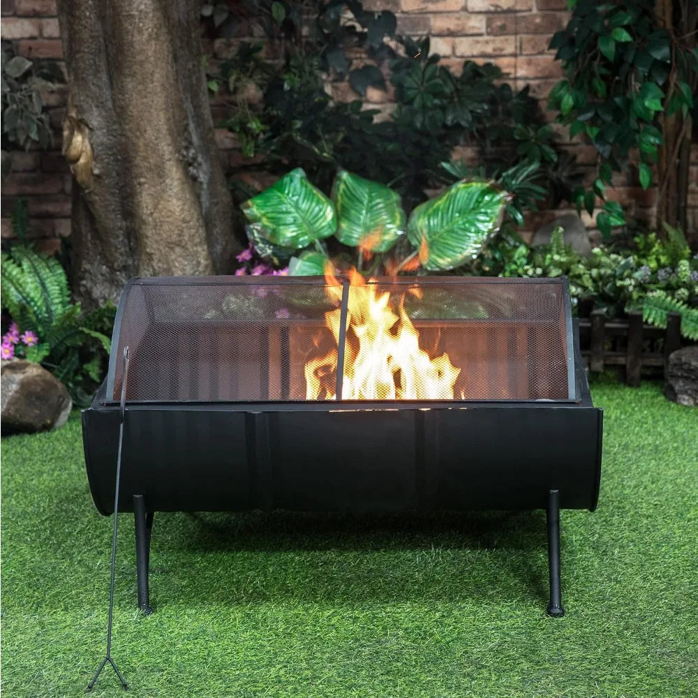 35-Inch Large Oval Barrel Wood Burner Firepit Patio Firebowl for Outside Use - Outdoor Wood Burning Fire Pit with Spark Screen