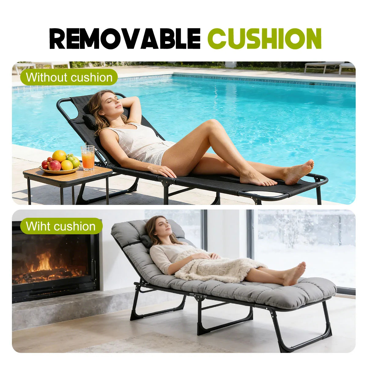 56cm Adjustable Folding Camping Lounge Chair with Removable Soft Cushion, 3 Position Reclining Portable Beach Tanning Chair, Heavy Duty 330 LBS Fold Up Outdoor Chaise Lounge for Pool Patio Office Napping Indoor & Backyard