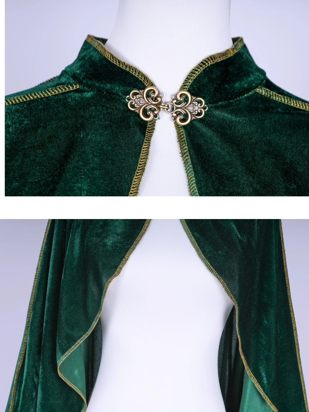 Women Vintage Green Velvet Cape Cloak Gold Trim Stand Collar Cosplay Costume Long Cape For Halloween Party Medieval Renaissance Dress Up