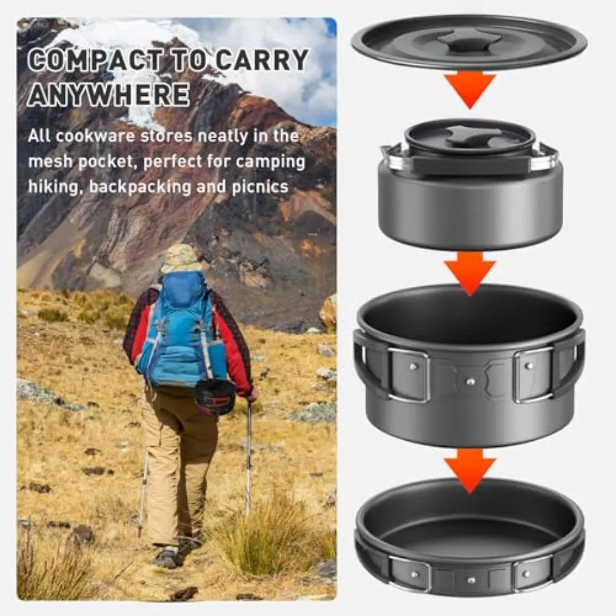 Camping Cookware Camping Cooking Set Non-Stick Pots and Pans with Kettle 2 Stainless Steel Plates 2 Water Cups 2 Sets of Knives