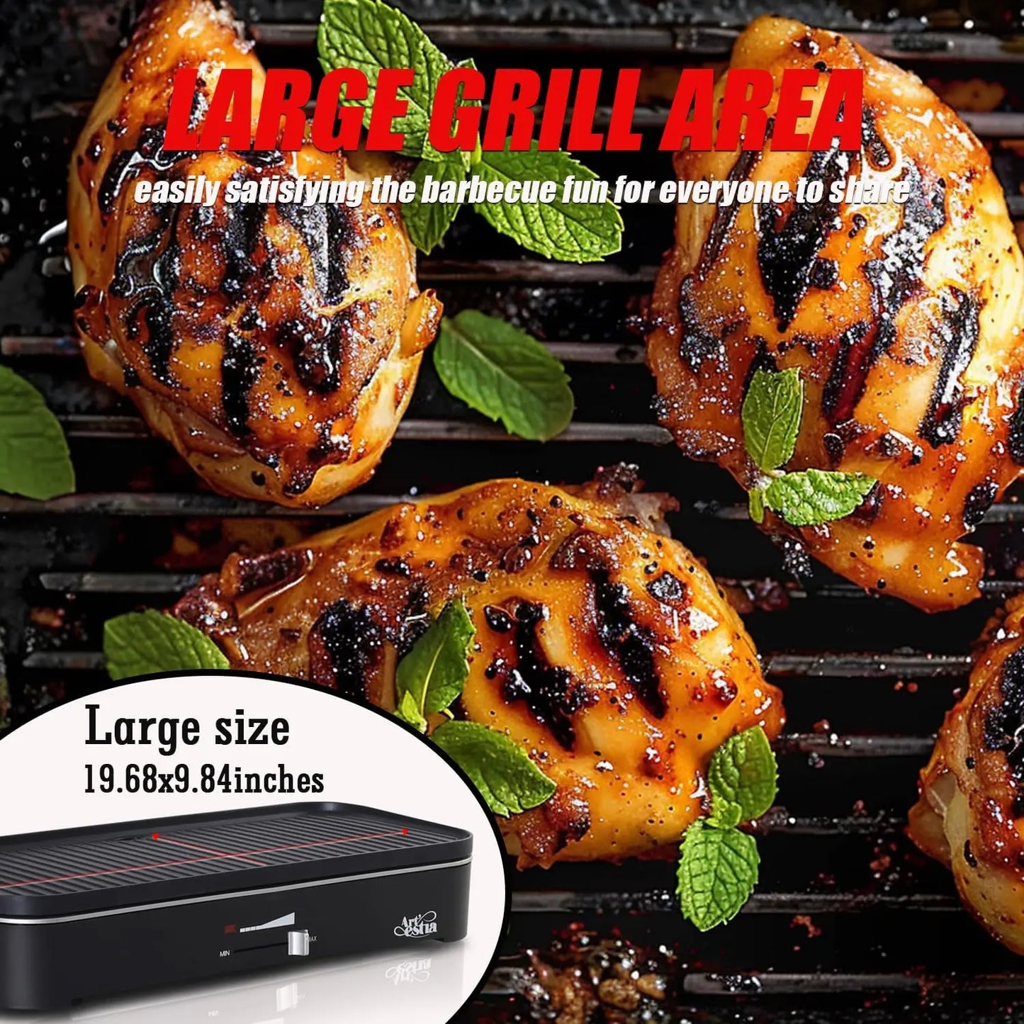 1800W Electric Smokeless Grill with Temperature Control, Portable for Indoor/Outdoor Cooking, BBQ Party & Family Use
