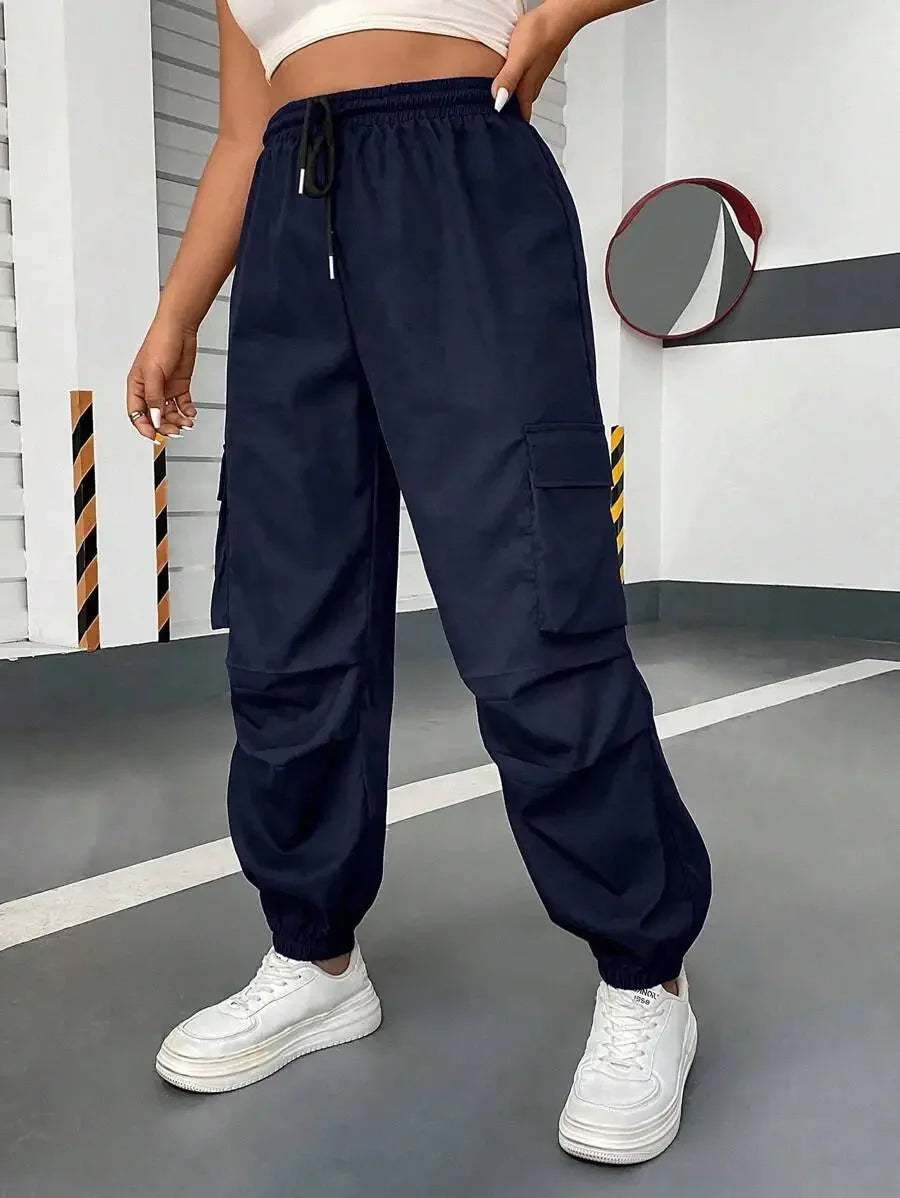 Flirla Plus Size Solid Color Drawstring Casual Cargo Pants With Pockets Fall Cloth For Women