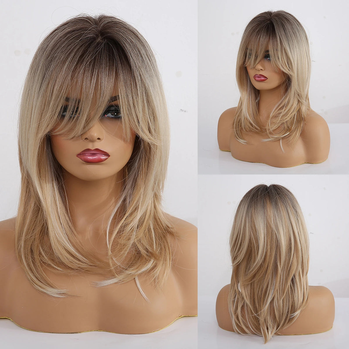 Halloween Wig TopShe Long Natural Wave Wig with Bangs for Woman Blonde Wig with Dark Roots Synthetic Wig Heat Resistant Fiber Loose Wave Medium Length Layered Ombre Blonde Highlights Cosplay Party Wigs