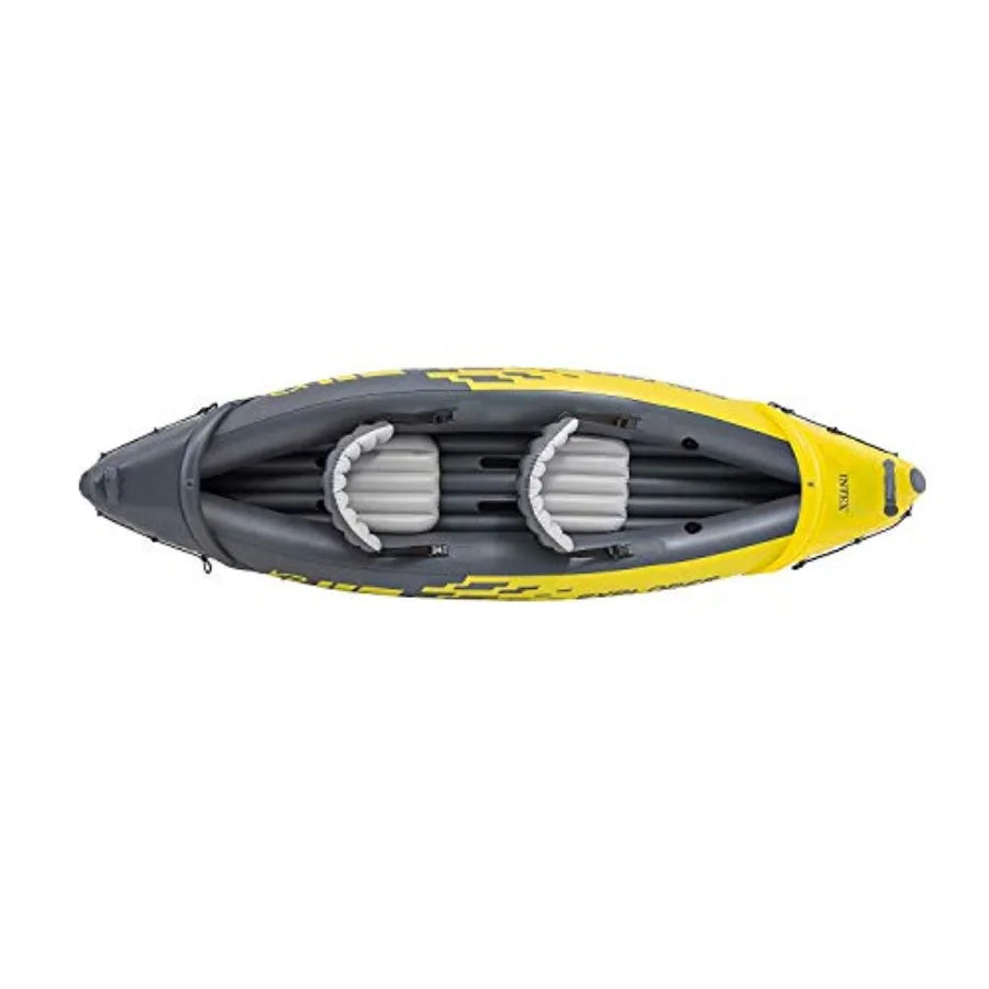 2 Person Inflatable Kayak Set with Air Pump in Yellow for Outdoor Water Sports Durable PVC Material Compact and Easy to Carry