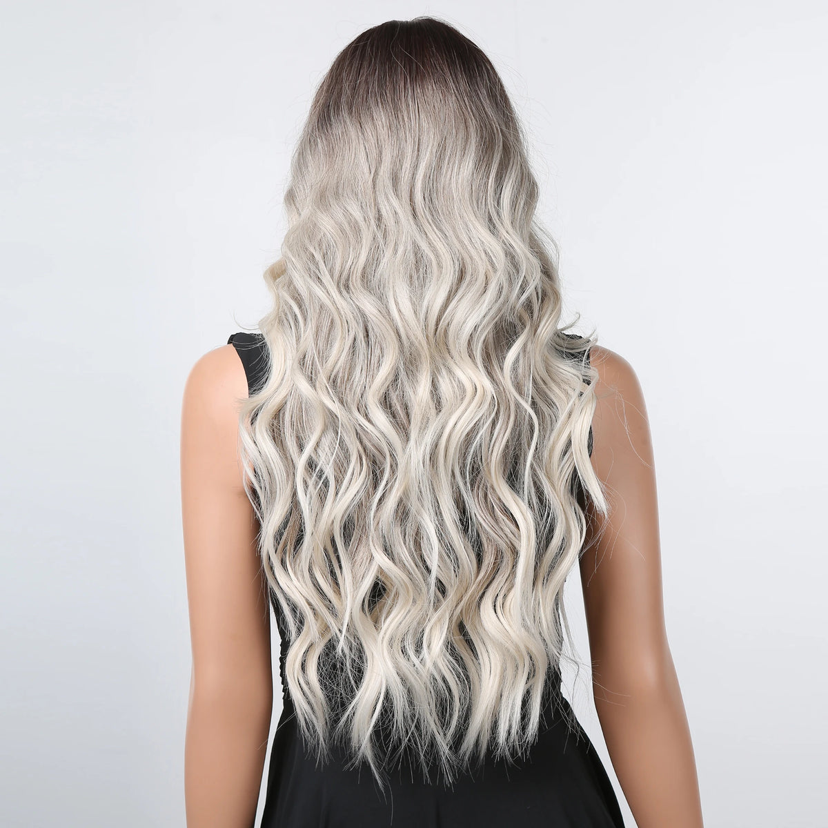 Halloween Wig TopShe Long Ombre Grey Ash Blonde Wavy Curly Synthetic Wig with Bangs Dark Roots Silver Blonde Heat Resistant Hair Wigs for Women Cosplay Costume Party Daily Wear Natural Looking Soft Full Hairpieces Fancy Dress