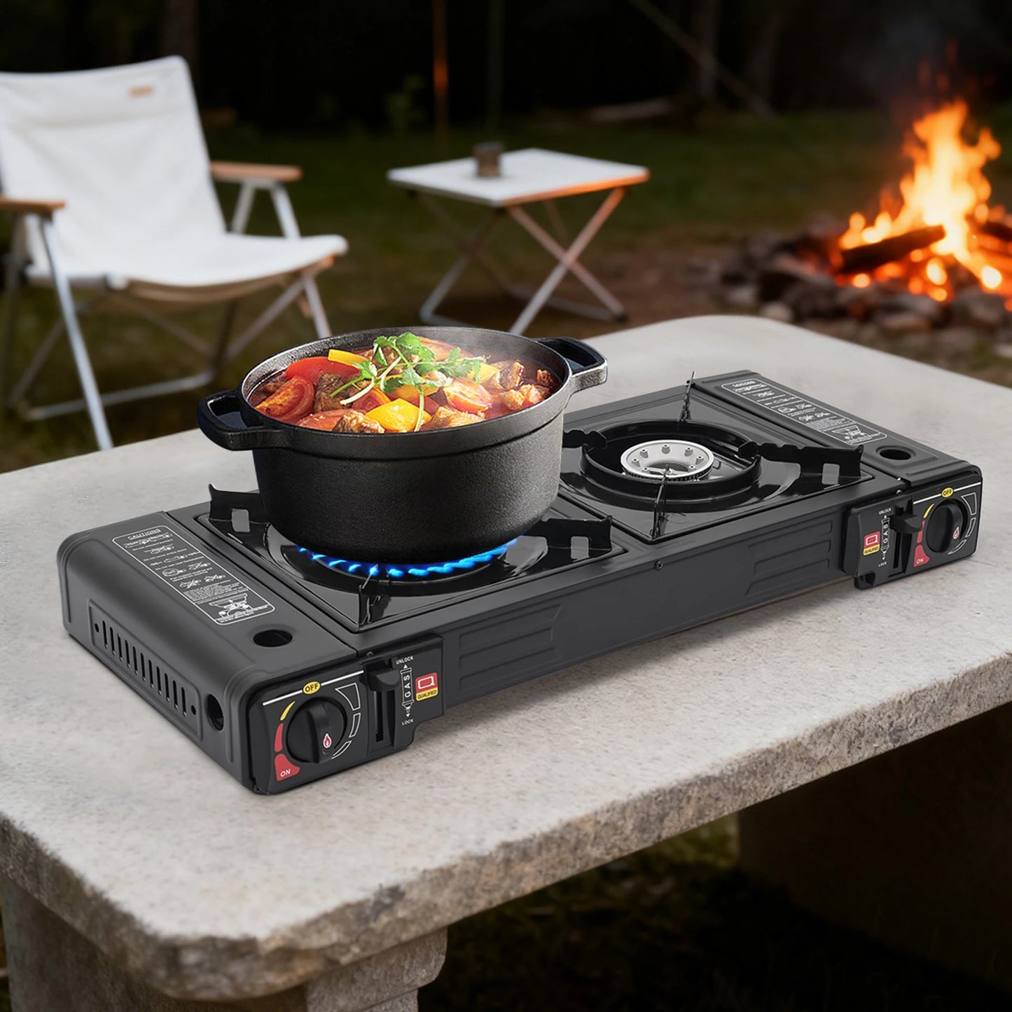 Portable Camping Stove 2 Burner 2500W Each Gas Cooktop Butane LPG Outdoor Picnic Cooking Tabletop Dual Control Overpressure Protection Lightweight Carry Case Fast Heating for RV Patio Hiking